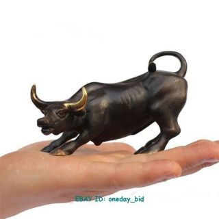 Small Wall Street Bronze Fierce Bull Ox Statue 4.  5 " L A Black