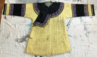 Antique Chinese Imperial Yellow Silk Damask Padded Winter Robe Bats Qing Dynasty 2