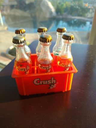 Miniature 3 Inch Orange Crush Soda Plastic 6 Pack / Crate And 6 Bottles Vintage.