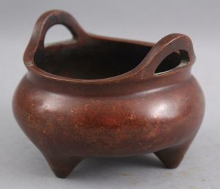 Small Antique Chinese 3 - Foot Bronze Censer Incense Burner,  Red Patina