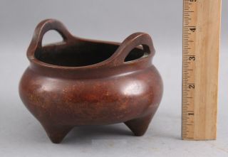 Small Antique Chinese 3 - Foot Bronze Censer Incense Burner,  Red Patina 2