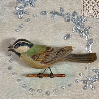 Vintage Hand Painted & Carved Wood Finch Bird Brooch Pin Unique
