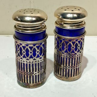 Salt & Pepper Set Cobalt Blue Glass Inside Silver Plated Ornate Columns