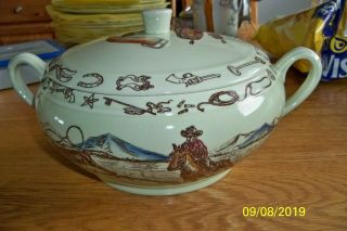 Vintage Vernon Kilns " Frontier Days " Covered Vegetable Bowl Western Motif
