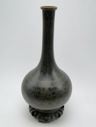 Antique Asian Black Cloisonne Enameled Brass 12in Vase W Wood Base Orientalia