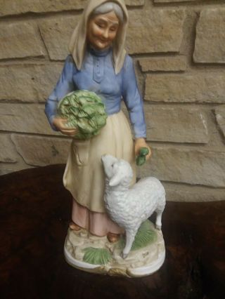 Vintage Homco Home Interiors Bisque Porcelain Old Woman With Lamb 8811