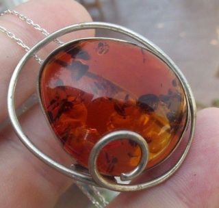 Vintage Baltic Amber Handmade Sterling Silver 925 Pendant Pin Necklace 1.  5 "