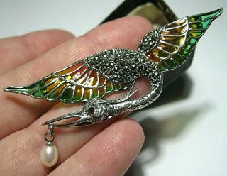 Large Sterling Silver Plique A Jour Enamel Art Nouveau Crane Bird Pendant Brooch