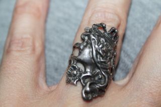 VINTAGE ART NOUVEAU Carved STERLING Silver FLORAL MAIDEN CROWN Ring Size 5 3