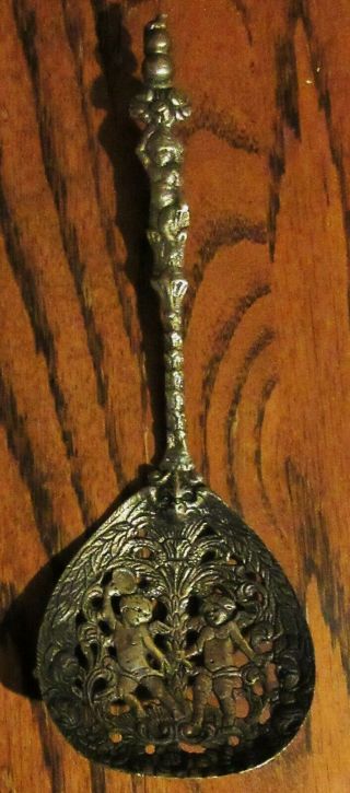 Antique Vtg Italy Silver Plated Ornate Metal Slotted Serving Spoon Angels Floral
