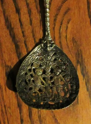 Antique Vtg Italy silver plated ornate metal slotted serving spoon angels floral 2