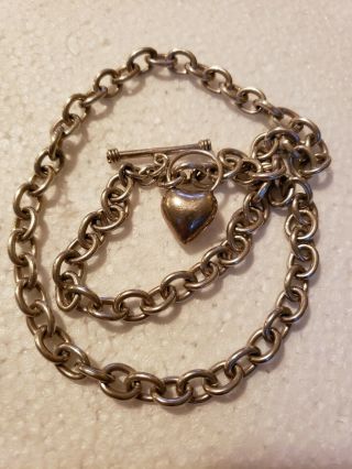 925 Sterling Vintage Mexico Heart Toggle Clasp Cable Chain Necklace 22 " 65 Grams