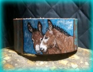 Hand Painted Mule Donkeys Art Jewelry Tooled Rustic Leather Totem Bracelet