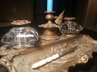 Antique Victorian Heavy Brass Double Glass Inkwells -