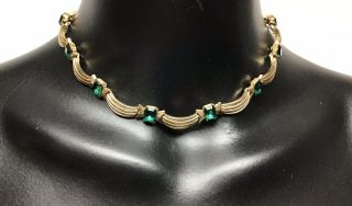 Vintage Crown Trifari Signed Green Emerald Cut Rhinestone Necklace W/extension