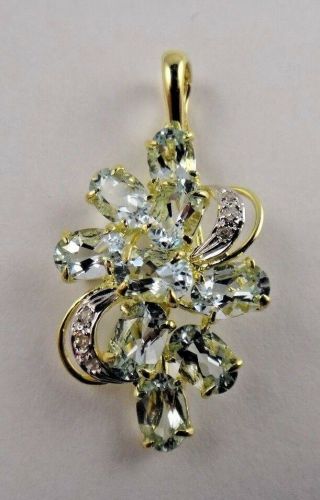 Vintage Solid 14k Yellow Gold Blue Topaz And Diamond Pendant 1 1/4 "