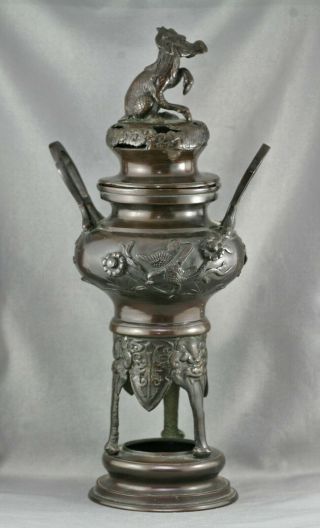 Spectacular Antique Chinese Bronze Incense Burner W/mythical Beast Lid C1900s