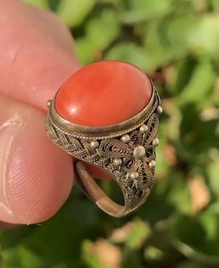 Old Chinese Export Gilt Gold Silver & Red Salmon Coral Filigree Adjustable Ring