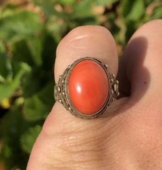 Old Chinese EXPORT Gilt Gold Silver & Red Salmon Coral Filigree Adjustable Ring 2