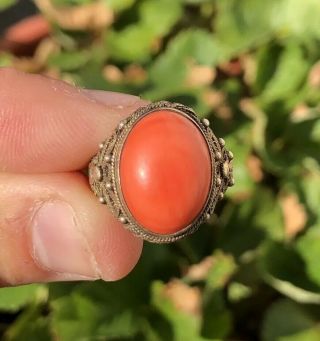Old Chinese EXPORT Gilt Gold Silver & Red Salmon Coral Filigree Adjustable Ring 3