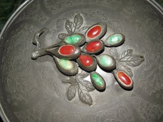 Antique Chinese Pewter Fruit Bowl Jade Green And Red Quing Ching Dynasty 1870s