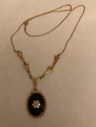 Vintage 10k Gold Ladies Esemco Onyx Diamond Accent Flower Necklace,  Lavalier