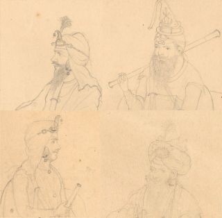 Antique Indian Miniature Painting - Four (4) Drawing Of Sikhs Akali Punjab 19th