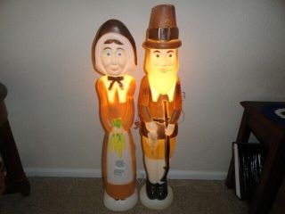 Vintage Don Featherstone Lighted Blow mold Pilgrim Man and Woman Thanksgiving 2
