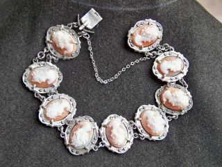 Vintage Jewelery Stamped 800 Silver Carved Real Shell Cameo & Marcasite Bracelet