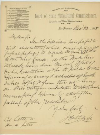 Letter To Adolph Sutro 1895 From Board State Viticultural Commisioners - Regrade