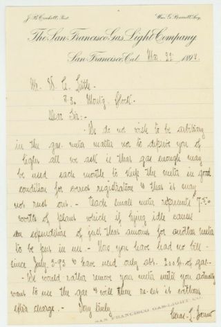 Letter To Agent Of Adolph Sutro 1894 From San Francisco Gas & Lighting Co