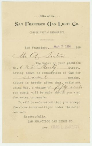Letter To Agent Of Adolph Sutro Mar 7,  1894 From San Francisco Gas & Lighting Co