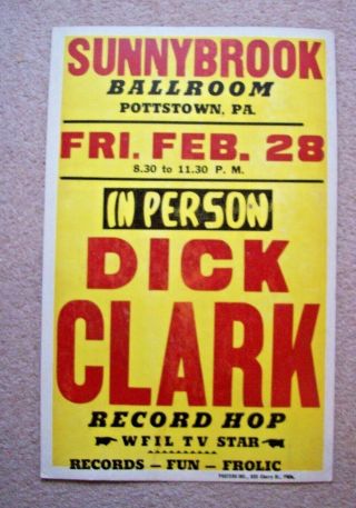 Vintage Dick Clark Wfil Tv Record Hop Poster Sunnybrook Ballroom Pottstown Pa