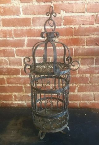 Vintage Decorative Black Wrought Iron Hanging Bird Cage,  26 " Tall Perch Mexico
