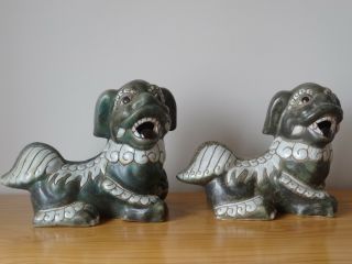 C.  19th - Pair Antique Chinese China Glazed Ceramic Pottery Porcelain Foo Dogs