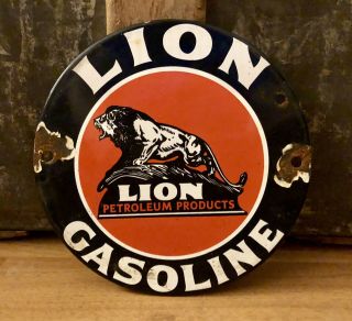 Old Lion Gasoline Porcelain Enamel Gas Pump Station Door Sign