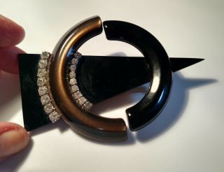 Vintage Modernist Design Black & Tan Lucite Art Deco Brooch Pin