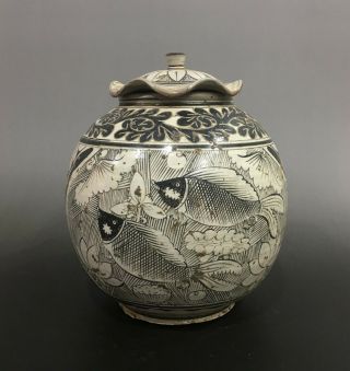 Rare Chinese Porcelain Cizhou Kiln Fish Design Lid Pot