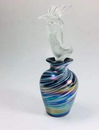 Stunning Hand Blown Art Glass Hummingbird Perfume Bottle Iridescent