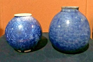 Vintage Sid Oakley Crystalline Blue Vase (2) Stoneware North Carolina 1976