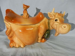 Vintage 1940s Brush Mccoy Art Pottery Cow Cookie Jar With Cat On Lid Marked W10
