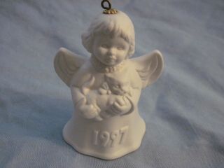 1997 Goebel Angel Bell Ornament White Bisque With Kitten