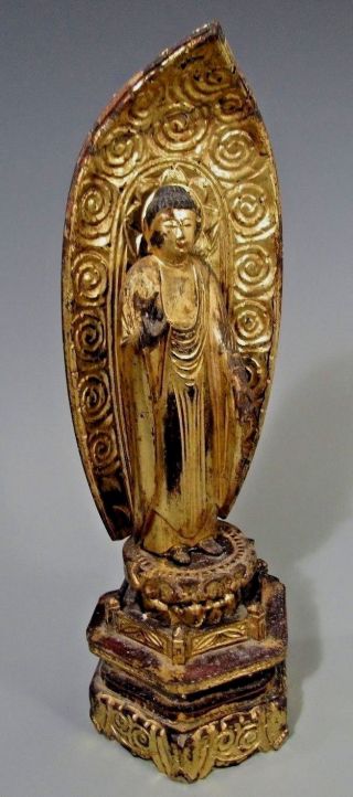 Japan Japanese Carved Gilt Wood Figure Of The Buddha On Three Tier Base 19th C.
