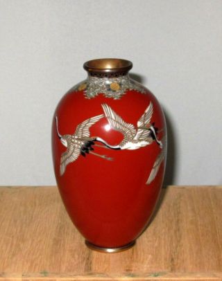 Very Fine Japanese Cloisonne Enamel Vase w/ Cranes - Unique Coloring - Gonda Attrib. 2