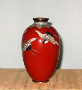 Very Fine Japanese Cloisonne Enamel Vase w/ Cranes - Unique Coloring - Gonda Attrib. 3