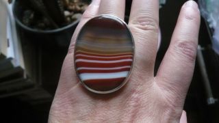 Large Vintage Scottish Banded Agate and London Assayed Silver Ring date 1973 2