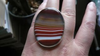 Large Vintage Scottish Banded Agate and London Assayed Silver Ring date 1973 3