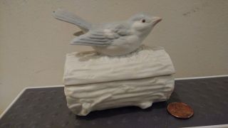 Crowning Touch Bluebird / Bird On A Log Lidded Trinket Box Made In Japan Ceramic