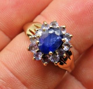 9ct Gold Oval Cut Sapphire W/ Light Blue Gem Set Cluster Surround Ring Size N1/2