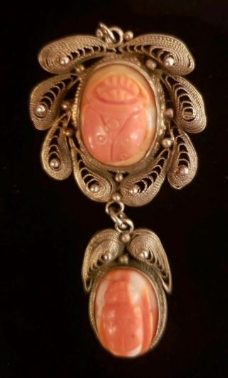 Vintage Sterling Silver And Coral Double Scarab Pendant Brooch Pin With Movement